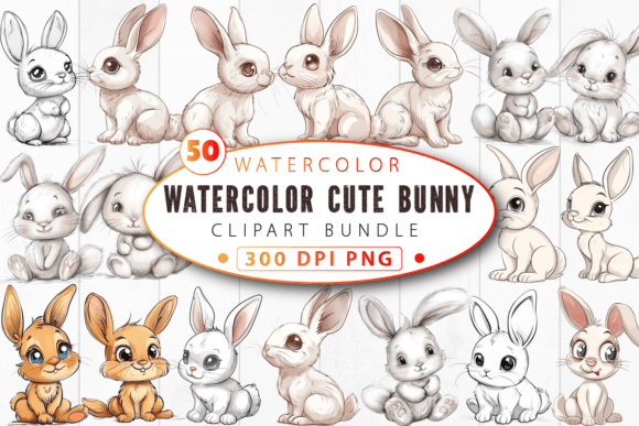 Download Watercolor Cute Bunny Clipart Bundle - Bundle Collection